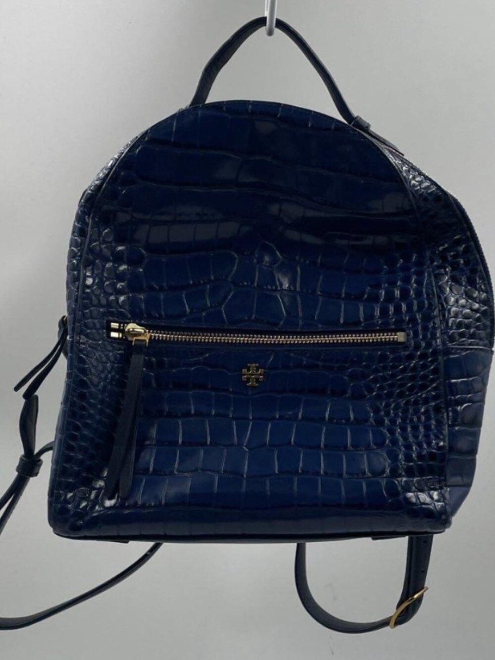 Tory Burch Navy Blue/Teal Croc-Embossed Leather Mini Backpack Old Money Chic
